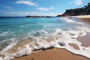 sabbioso spiaggia e azzurro mare creare un' pittoresco estate vacanza fuga ai generato foto