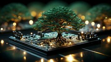eco-tecnologia fusione. albero radicato nel digitale mondo foto