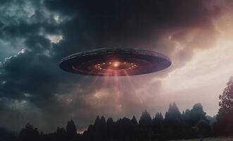 ultraterreno incontrare, ufo si libra immobile, un alieno piatto nel il cielo ai generato foto