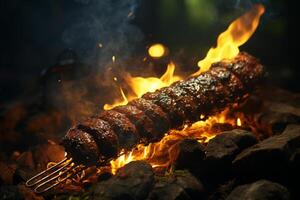 foresta festa, salsiccia su un' forchetta, con un' falò fondale ai generato foto