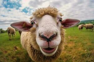 ritratto di un' malizioso pecora attaccare su suo lingua, invitante sorrisi ai generato foto