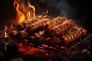 foresta festa, salsiccia su un' forchetta, con un' falò fondale ai generato foto