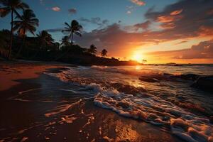 travolgente panoramico Visualizza di un' tramonto spiaggia con lusso vacanza elementi ai generato foto