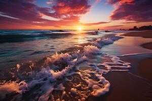 un' mozzafiato ardente tramonto trasforma il mare paesaggio in un' capolavoro ai generato foto