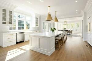 bellissima lusso cucina vantarsi un' bianca colore schema, di legno pavimento, e cucina isola ai generato foto