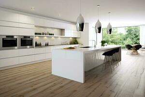 impeccabile lusso cucina design nel bianca, in mostra un' di legno pavimento e cucina isola ai generato foto