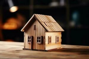 di legno Casa modello su legna sfondo che rappresentano costruzione e ecologia ai generato foto