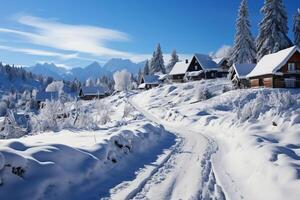 un' pittoresco inverno scena si svolge nel il montagna villaggio paesaggio ai generato foto