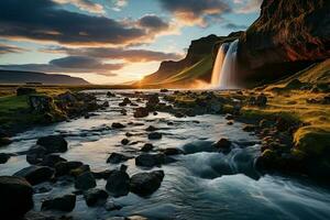 seljalandsfoss cascata irradia splendore come il sole tuffi sotto il orizzonte ai generato foto