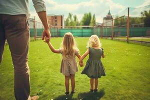 Due figlie con loro padre su un' terreno di gioco con verde erba ai generato foto