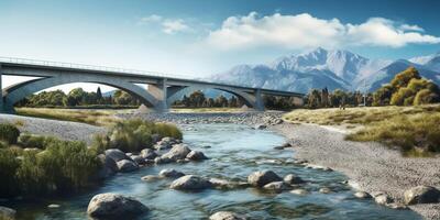 fiume, montagna e ponte aereo foto paesaggio, ai generato