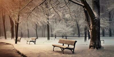 di legno sedia nel il inverno giardino sfocato sfondo, ai generato foto