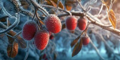 ghiaccio tempesta alberi e rosso frutta congelare nel inverno, ai generato foto