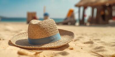 cannuccia cappello su spiaggia sabbia vacanza sfondo. ai generato foto