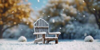 di legno sedia nel il inverno giardino sfocato sfondo, ai generato foto