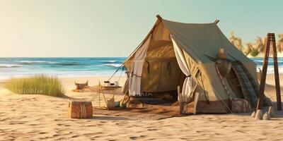 campo tenda su spiaggia sabbia vacanza sfondo. ai generato foto