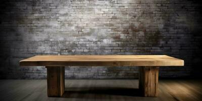 Marrone legna tavolo su buio sfondo, Prodotto Schermo copia spazio, ai generato foto