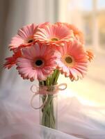 gerbera margherita fiore nozze mazzo sfocato finestra sfondo. ai generato foto