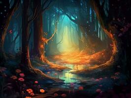 Magia foresta con mistico impianti, alberi e fiori. drammatico paesaggio, ambiente. fiaba concetto. gioco sfondo. foto