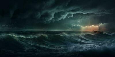 tempesta nel oceano con illuminazione naturale disastro fenomeno, ai generato foto