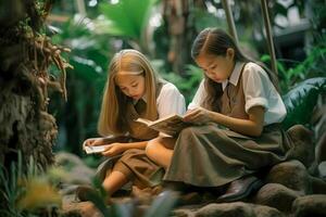 Due ragazze nel uniforme completando un' Scrivi foto