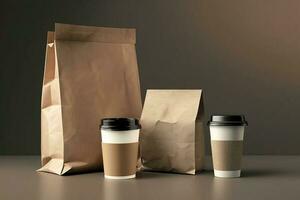 consegna contenitori per porta via cibo. carta caffè tazza con confezionato cibo. generativo ai. foto