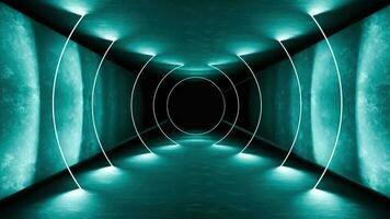 notte club interno luci 3d rendere per laser mostrare. raggiante Linee. astratto fluorescente sfondo. neon camera corridoio sfondo. leggero astratto futuristico design. moderno geometrico splendore interno. foto