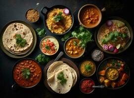 ciotole di indiano cibo su buio tavolo. foto