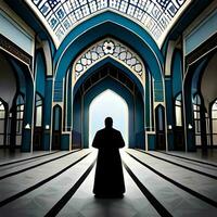 silhouette oggetto nel il moschea, musulmano persone preghiere con il atmosfera di un' moschea nel il mezzo est, bene per uso per attività commerciale, blog, presentazione, religioso. di ai generativo Immagine foto