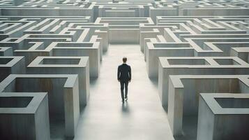 uomo d'affari a piedi nel labirinto cemento per trova modo fuori. generativo ai foto