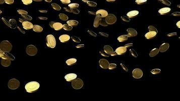 oro monete caduta a partire dal il superiore su nero sfondo. generativo ai foto