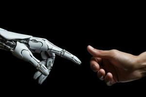 bianca cyborg dito di per toccare umano dito su buio sfondo. generativo ai foto
