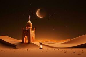 islamico moschea e mezzaluna Luna nel il deserto. Ramadan kareem. generativo ai foto