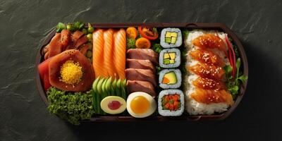 Sushi bento scatola il pranzo, ai generato foto