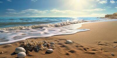blu cannuccia cappello su spiaggia sabbia vacanza sfondo. ai generato foto