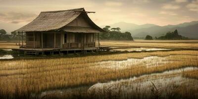 campo riso con di legno Casa, pulito cielo sfondo. ai generato foto
