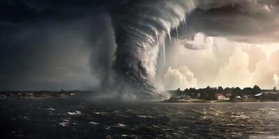 tromba d'acqua o tornado al di sopra di acqua naturale disastro, ai generato foto