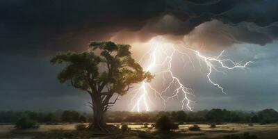 fulmine nel albero, tempestoso tempo metereologico e naturale disastro, ai generato foto