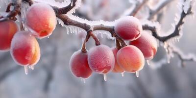 ghiaccio tempesta alberi e bacca frutta congelare nel inverno, ai generato foto