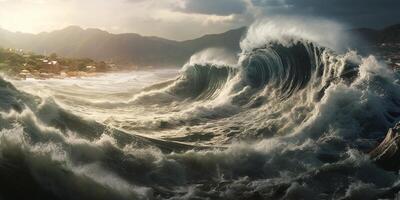 tsunami con alto onda a partire dal oceano per spiaggia, ai generato foto