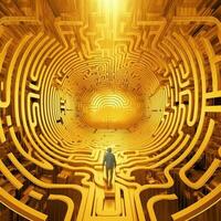 un' uomo a piedi attraverso un' labirinto con il parola labirinto su esso. generativo ai foto