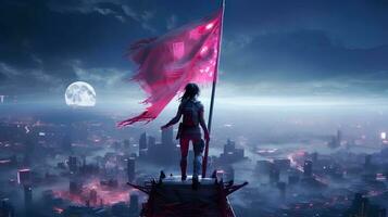 un' donna in piedi su un' Torre con un' bandiera. generativo ai foto