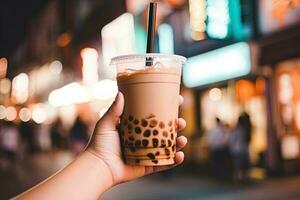 generativo ai illustrazione di mano Tenere Taiwan latte tè e sfocato sfondo foto