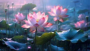 generativo ai illustrazione di loto fiore nel stagno, pulito sfondo colore, nebbioso, illusorio foto