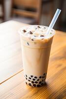 generativo ai illustrazione di Taiwan boba latte tè con bolla su legna tavolo foto