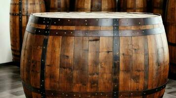 di legno eleganza festeggiare internazionale birra giorno con un' rustico barile tavolo. ai generato. foto