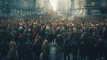 folla di persone protestare insieme a piedi nel il città, generativo ai foto