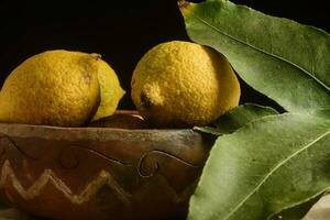 biologico limoni, raccolto a partire dal il giardino, preparato su il tavolo. foto