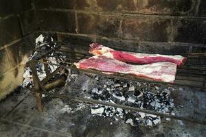 crudo carne mettere su il griglia, tradizionale argentino cucina, asado barbecue, patagonia, argentina. foto