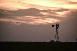 rurale paesaggio con mulino a vento a tramonto, pampa , argentina foto